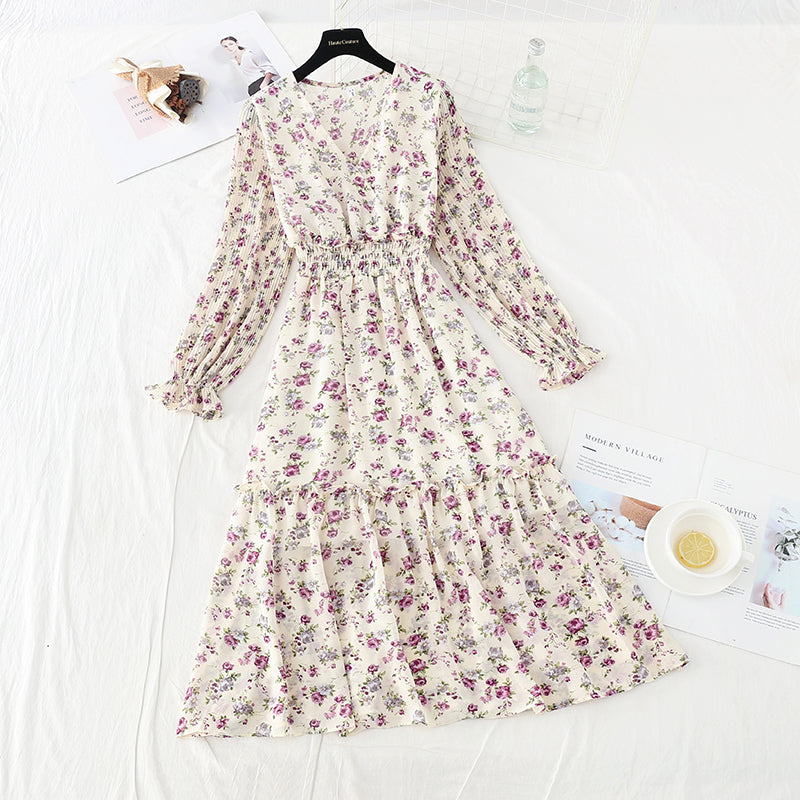 New gentle wind, slim slim, elastic waist, wrinkled Chiffon Floral Dress  4714