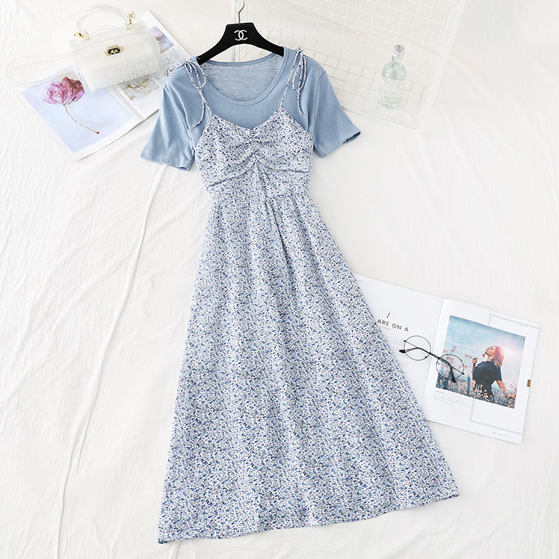 Small fresh sweet broken flower suspender dress  4587