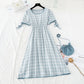 Fresh lace up thin high square neck Red Plaid Dress female  4689