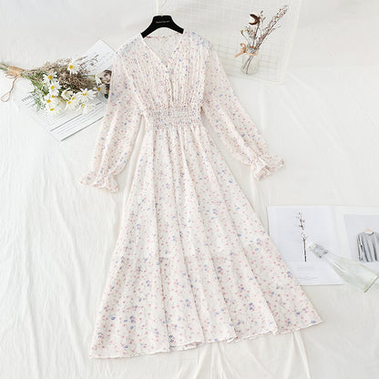Pleated knee length floral dress gentle wind thin temperament slim skirt  4808