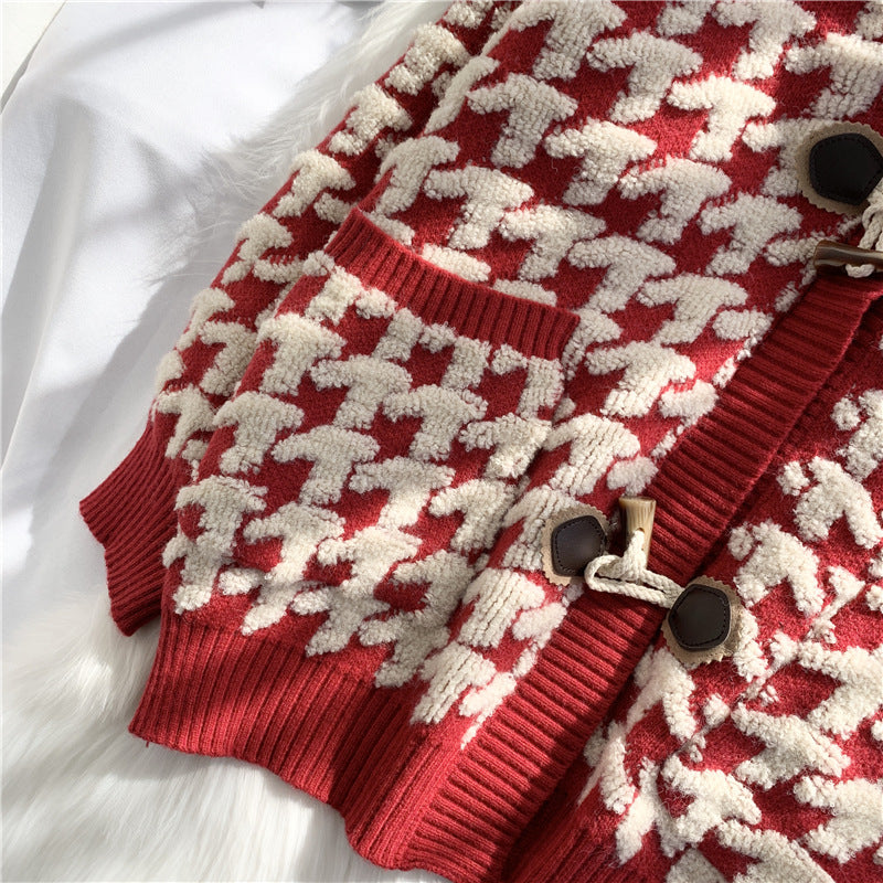 Thousand bird lattice ox horn buckle sweater coat female  4925
