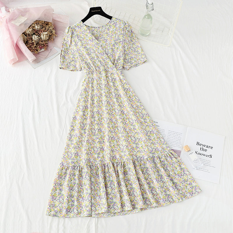 Floral Chiffon Dress gentle wind long skirt sweet V-neck  4859