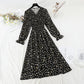 Pleated knee length floral dress gentle wind thin temperament slim skirt  4808
