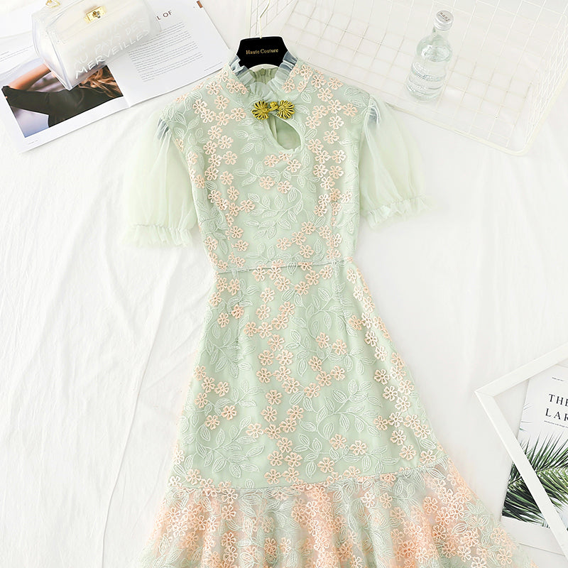 Gauze embroidered fairy skirt with slim waist  4396