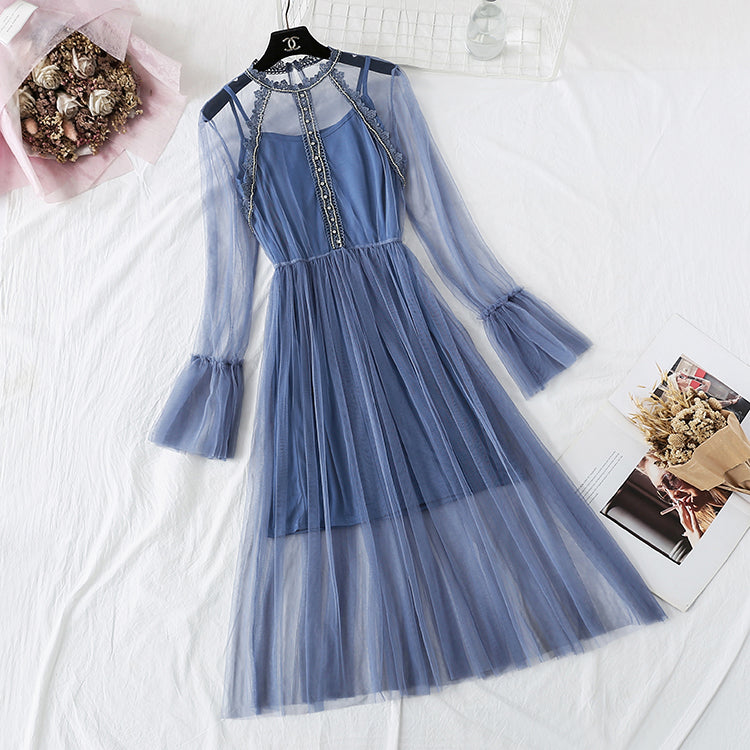Heavy industry Rhinestone lace gauze dress  4356