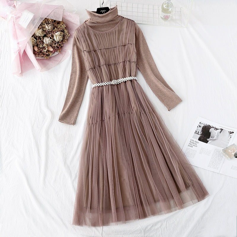 Mesh vest skirt + high neck bottomed shirt two-piece set  4376