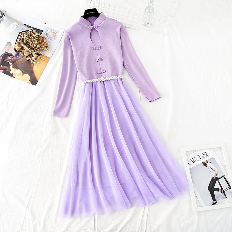 New Chinese style retro disc mesh stitched fairy bottomed knee length skirt  4550