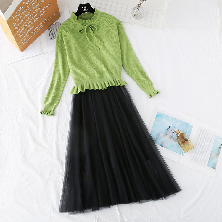 Ruffle knit dress suspender mesh skirt  4360