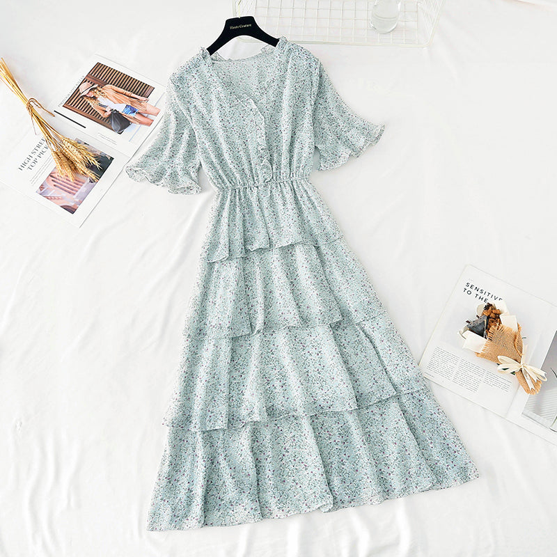 The new waist is slim, French retro Chiffon Cake long skirt  4602
