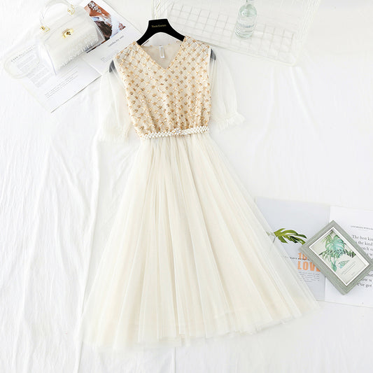 Gentle wind fairy Sequin gauze skirt is slim at the waist  4397