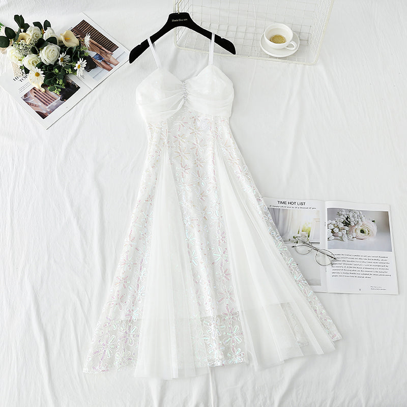 French white suspender dress mesh stitched sequins high waist thin  4428
