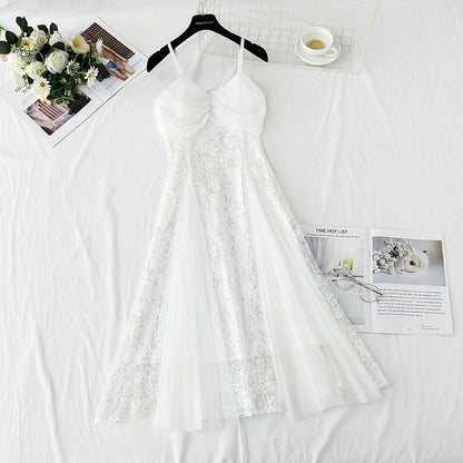 French white suspender dress mesh stitched sequins high waist thin  4428