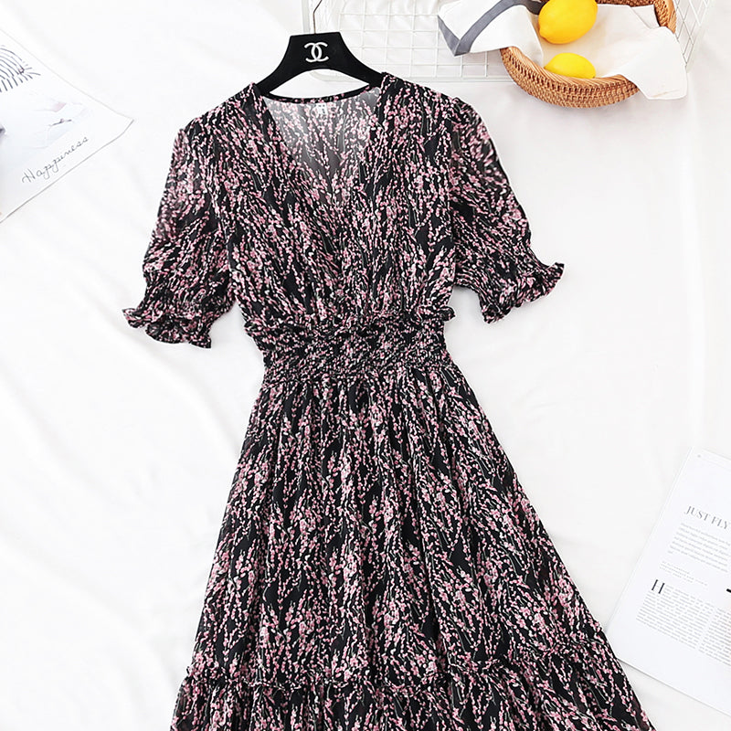 The new waist is slim, Bubble Sleeve Chiffon Skirt, French retro long skirt  4594