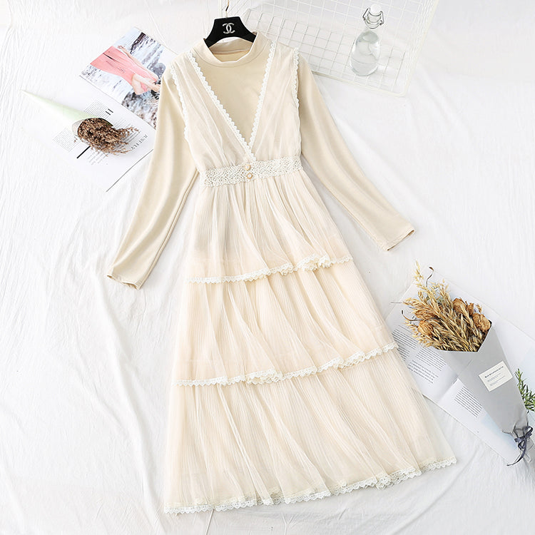 Japanese gentle wind mesh dress two-piece set 4377