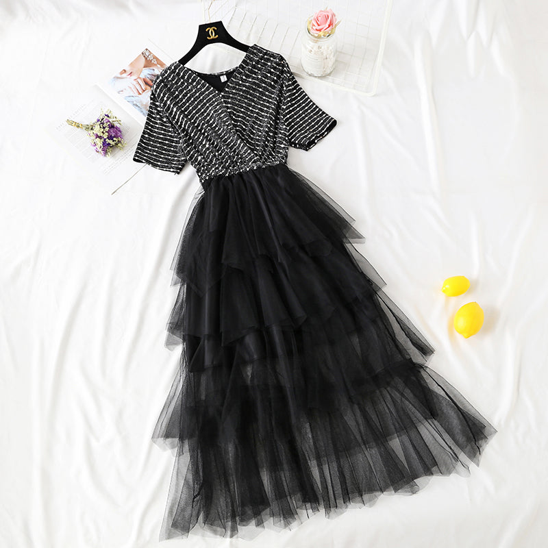 French minority skirt V-neck Sequin slim temperament  4455