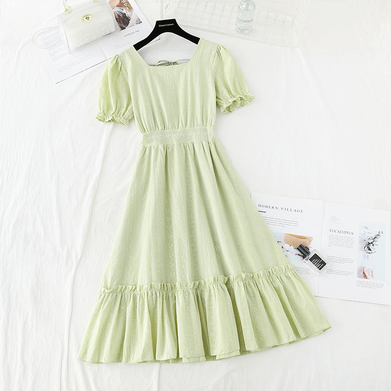 New cotton hemp hook embroidery French retro waist closing slim skirt  4519