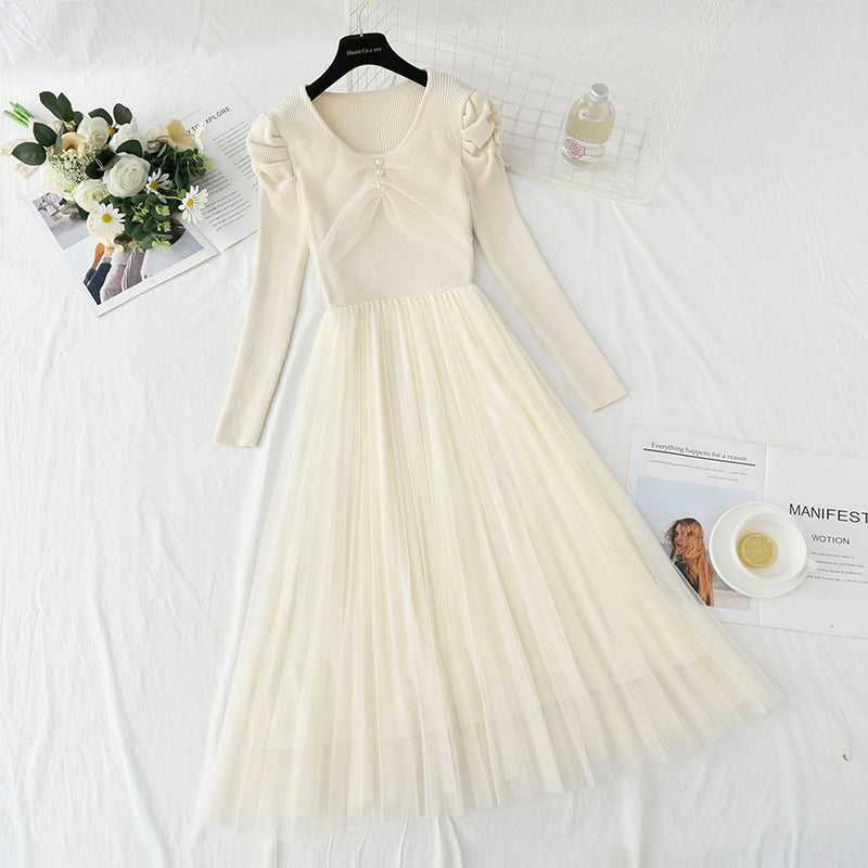 Mesh stitched knitted dress temperament long skirt  4416