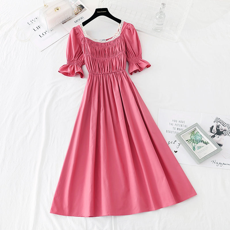 The new waist is slim, square neck skirt, French retro dress  4528