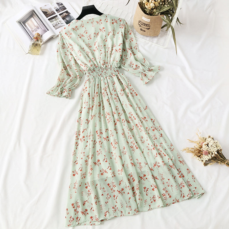 Chiffon-Kleid mit Blumenmuster, französische Minderheit, Retro-Rock, schmale Taille 4475