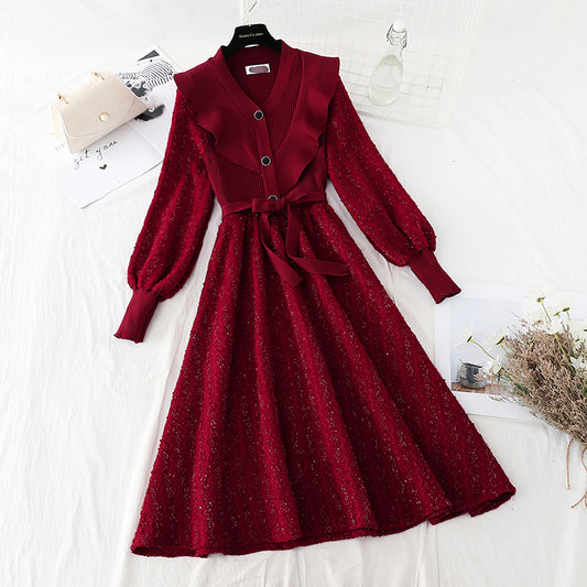 Thin wood ear lace up red dress female  4093