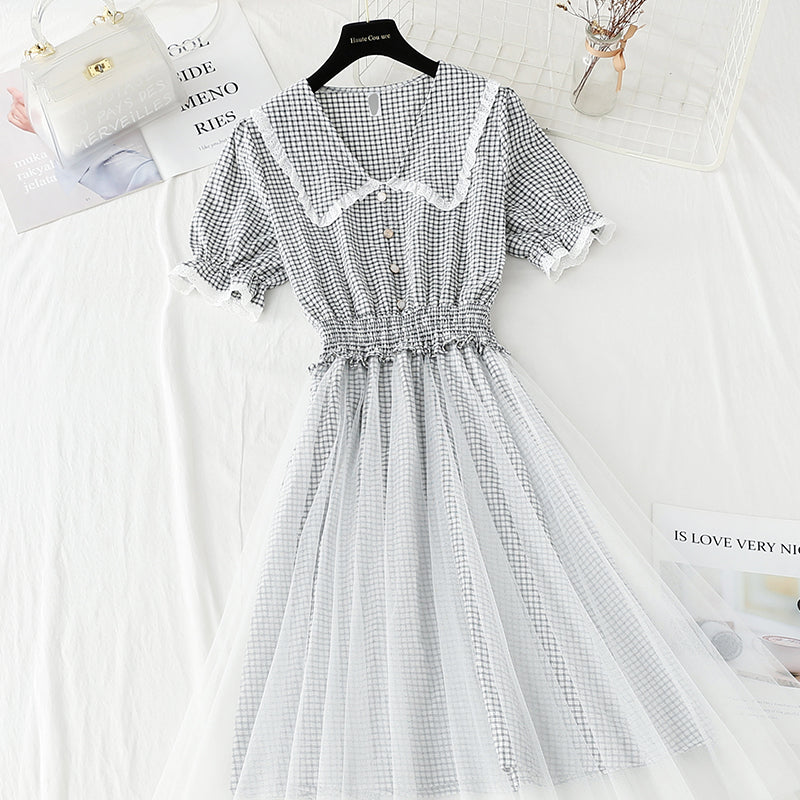 Baumwoll-Leinen-Kleid Karierter Feenrock aus Gaze Französischer Puppenkragen 4425