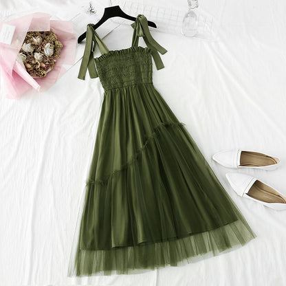 Gauze dress shows thin temperament at the waist. Fairy sweet suspender long skirt  4339