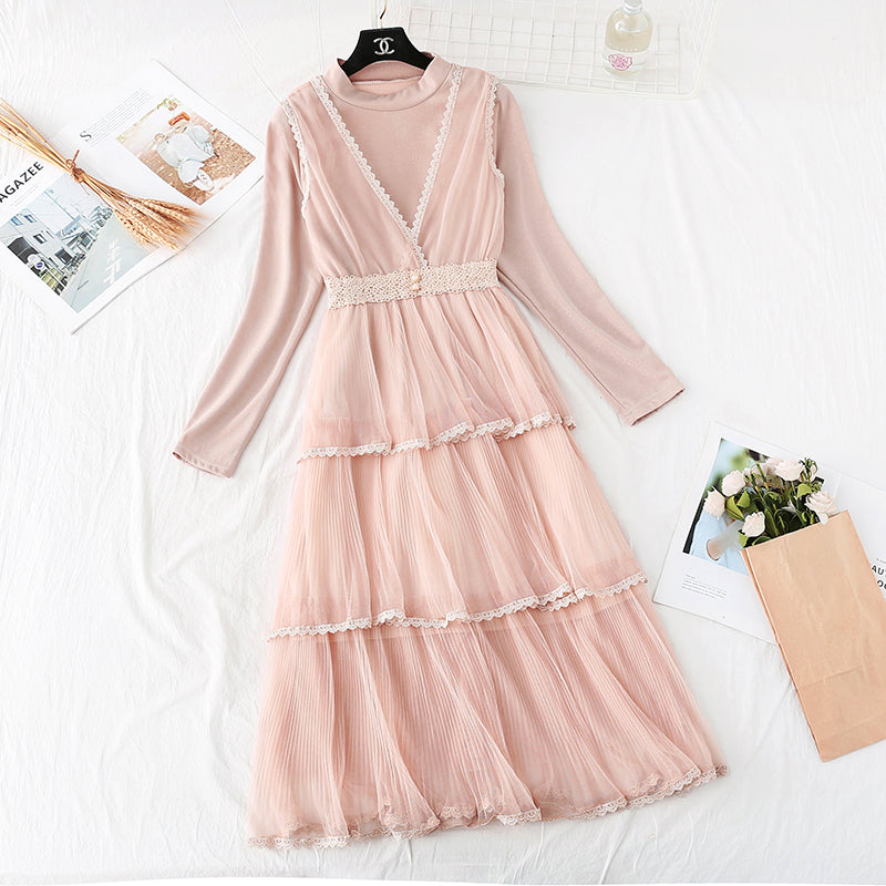 Long cake skirt knee set skirt two piece set  4490