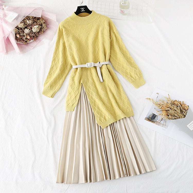 Zweiteiliges Set mit knielangem Strickpullover und Faltenrock 4463