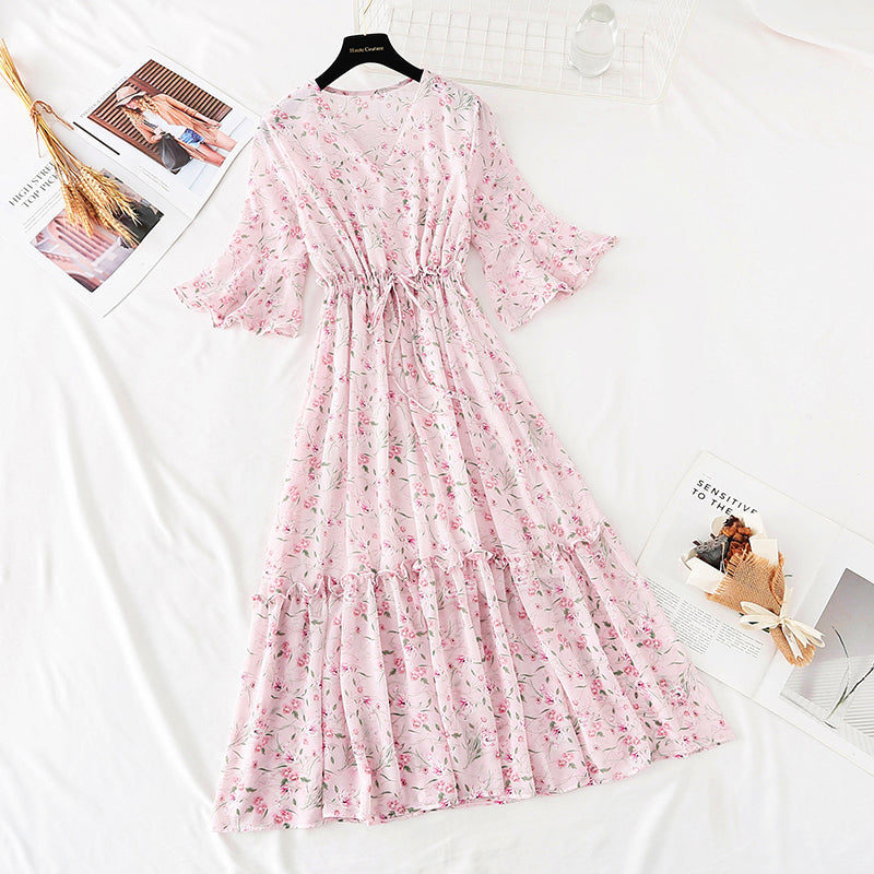 Die neue Taille ist schmal, plissierter Chiffon-Retro-Langrock 4507 mit Schnürung