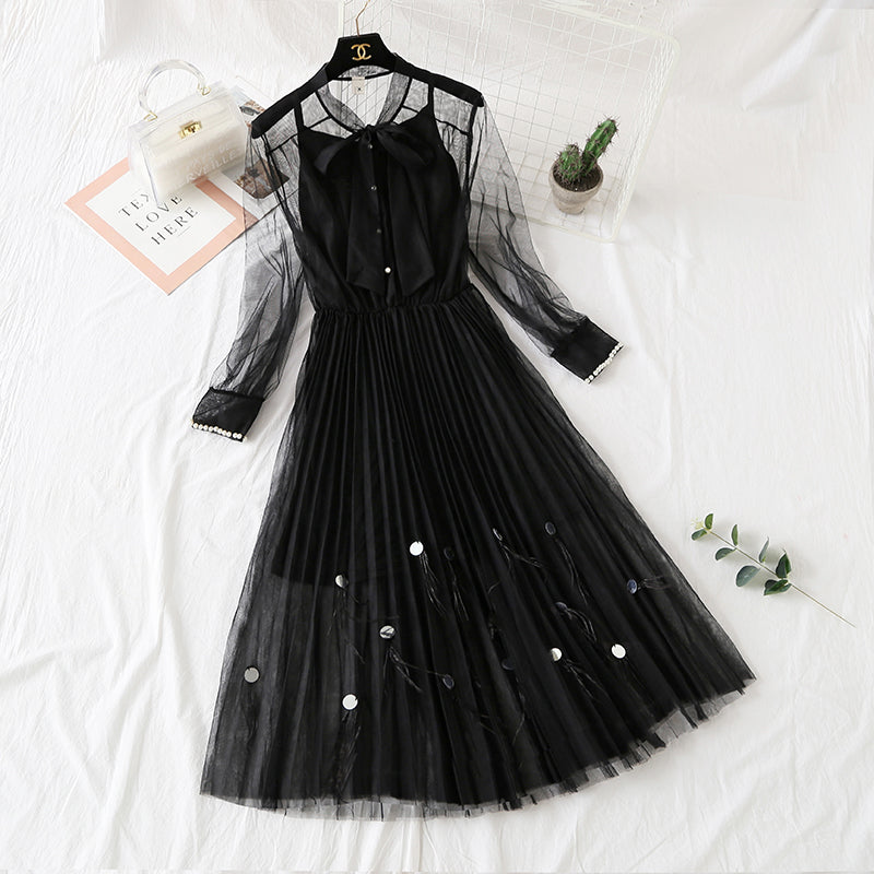 Gauze dress feather nail bead long sleeve sling  4311