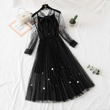Gauze dress feather nail bead long sleeve sling  4311