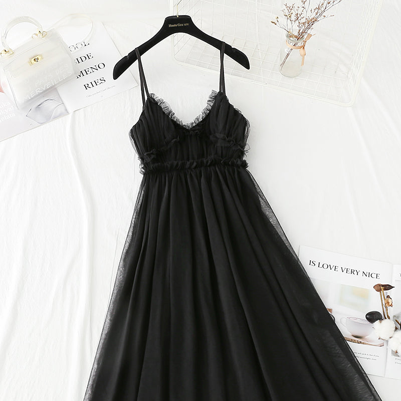 Sweet mesh dress temperament small black skirt with waist closed  4410