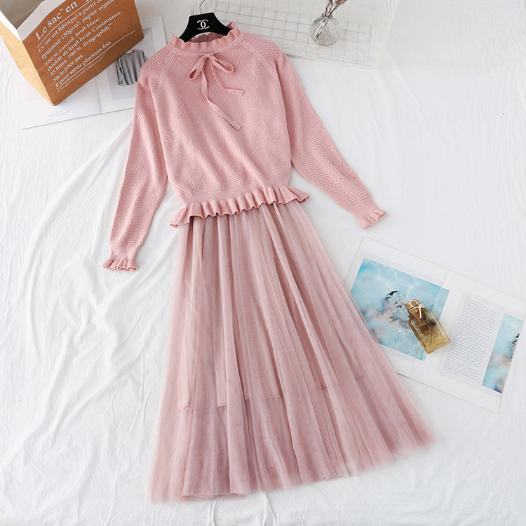 Ruffle knit dress suspender mesh skirt  4360