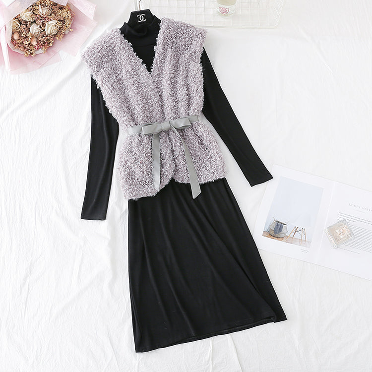 Black bottomed dress + Lamb Fur Vest long skirt  4456