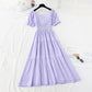 Bubble sleeve cotton linen dress lace edge French retro long skirt  4179