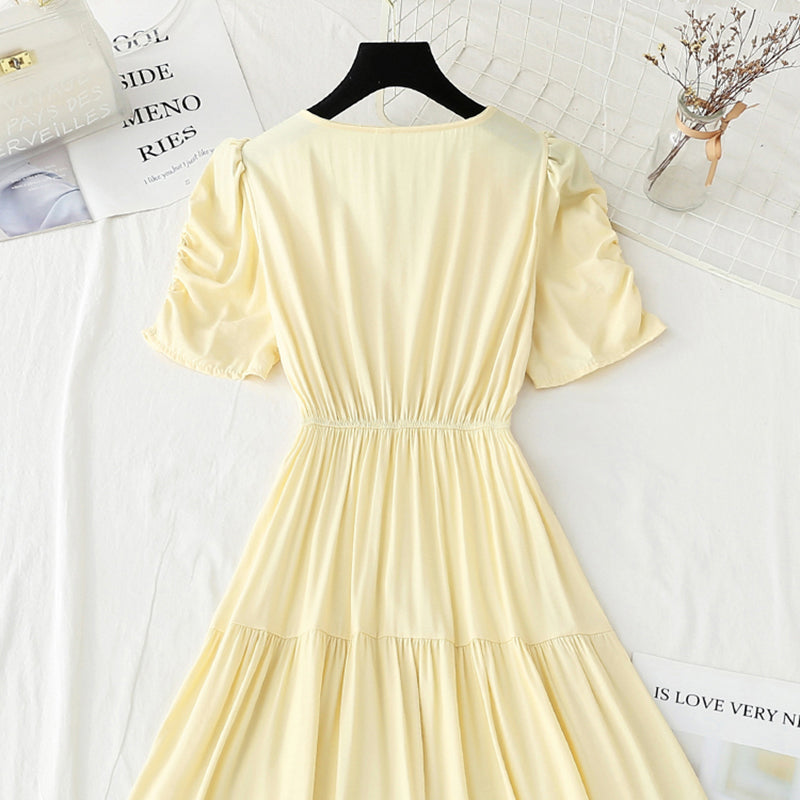 French square neck bubble sleeve fairy skirt with thin temperament  4241