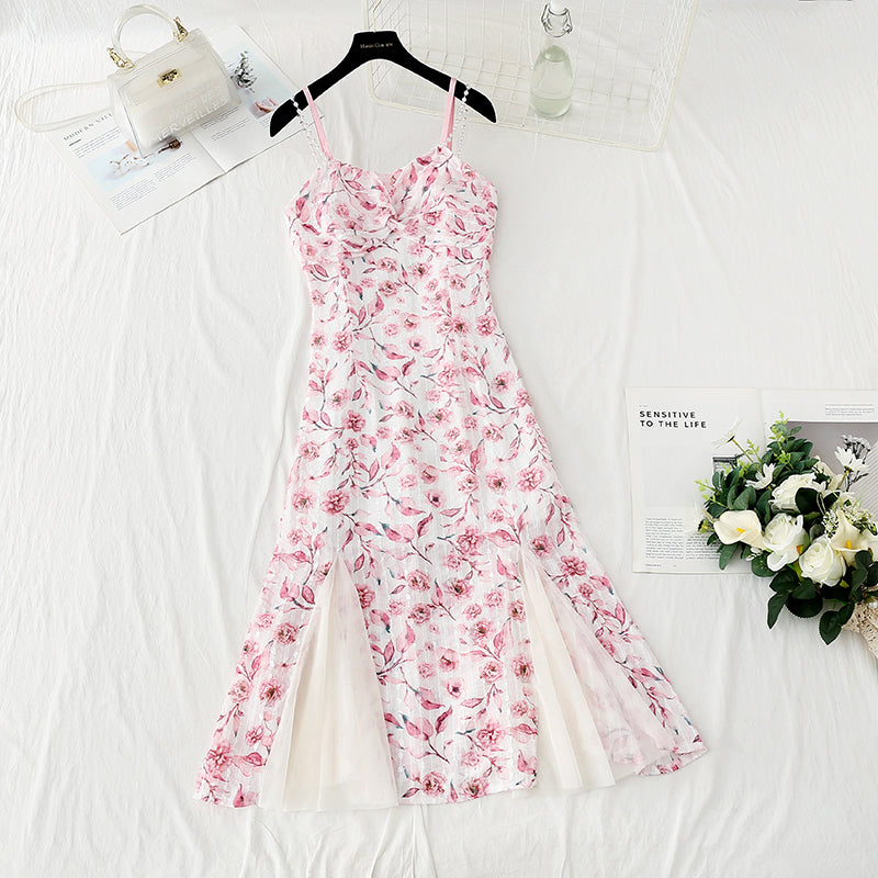 Design sense niche purple fishtail skirt Chiffon floral suspender dress  4409