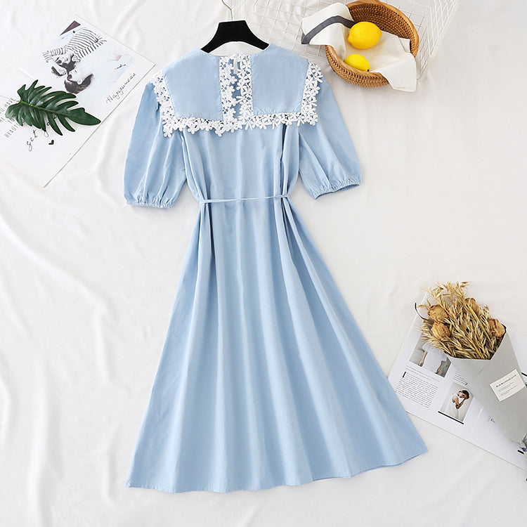 Lace doll neck cotton linen dress  4140