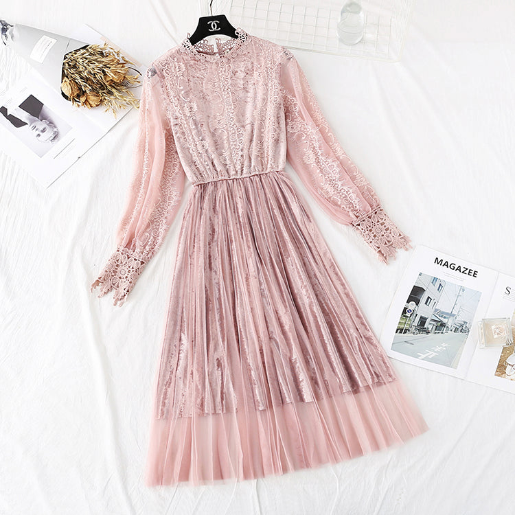 Golden velvet mesh dress lace pleated long skirt  4373