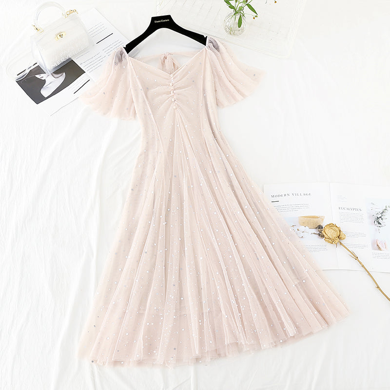 Star Sequin gauze waist closing thin French dress  4398
