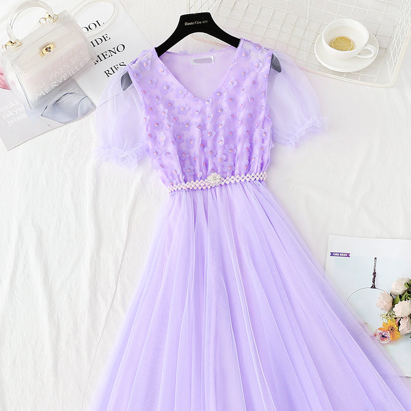 Temperament: slim waist with lace mesh long skirt  4420