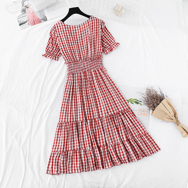 Kariertes Temperamentkleid mit Rüschenärmeln, dünnes Kleid im Göttinnenstil 4206