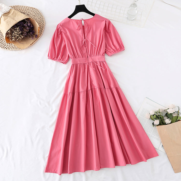 Narrow waist, bubble sleeves, French minority first love long skirt  4152