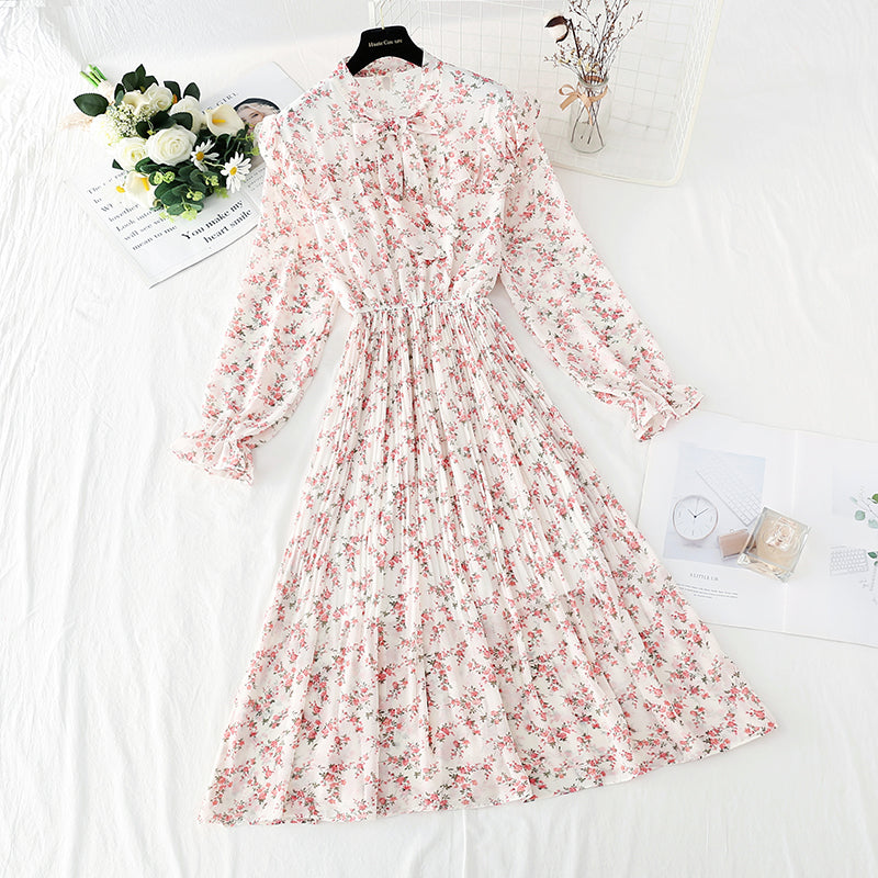 Bow chiffon dress shows thin temperament, slim pleated floral skirt  4089