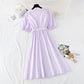 Lace up waist for thin temperament French retro bubble sleeve long skirt  4146