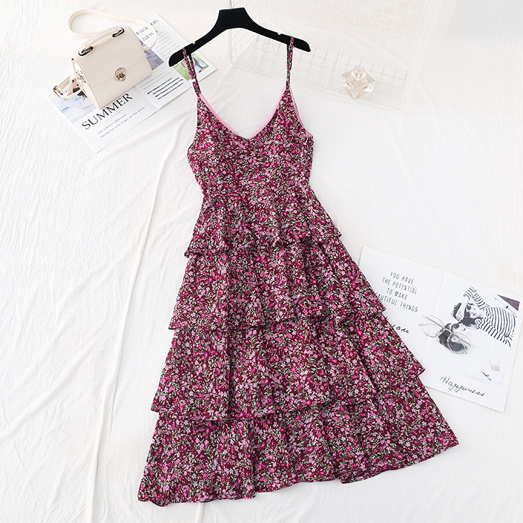 Floral suspender dress with a slim waist  4112