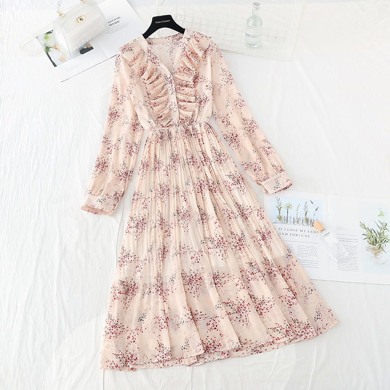 New Vintage high waist thin broken flower pleated fairy Chiffon Skirt  4540
