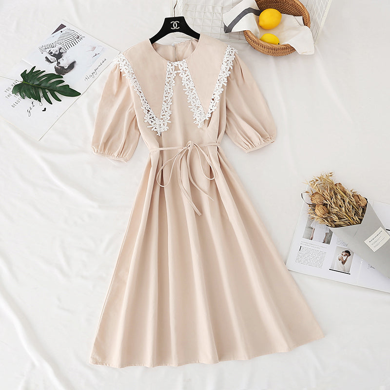 Lace doll neck cotton linen dress  4140