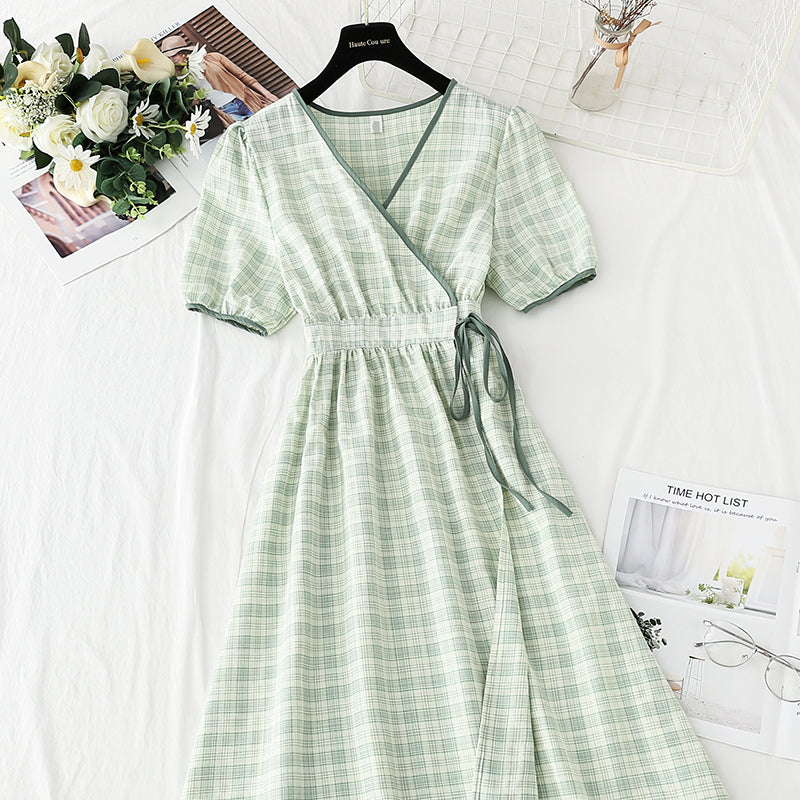 One piece cotton linen Plaid Dress waist closing temperament skirt  4262
