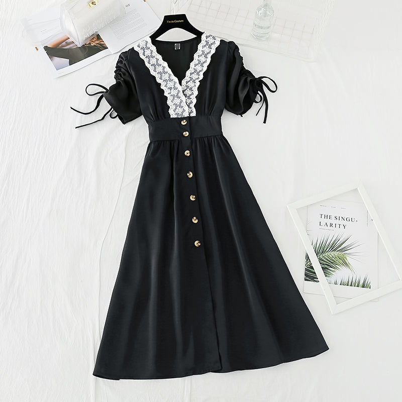 New lace edge bubble sleeve French retro dress  4166